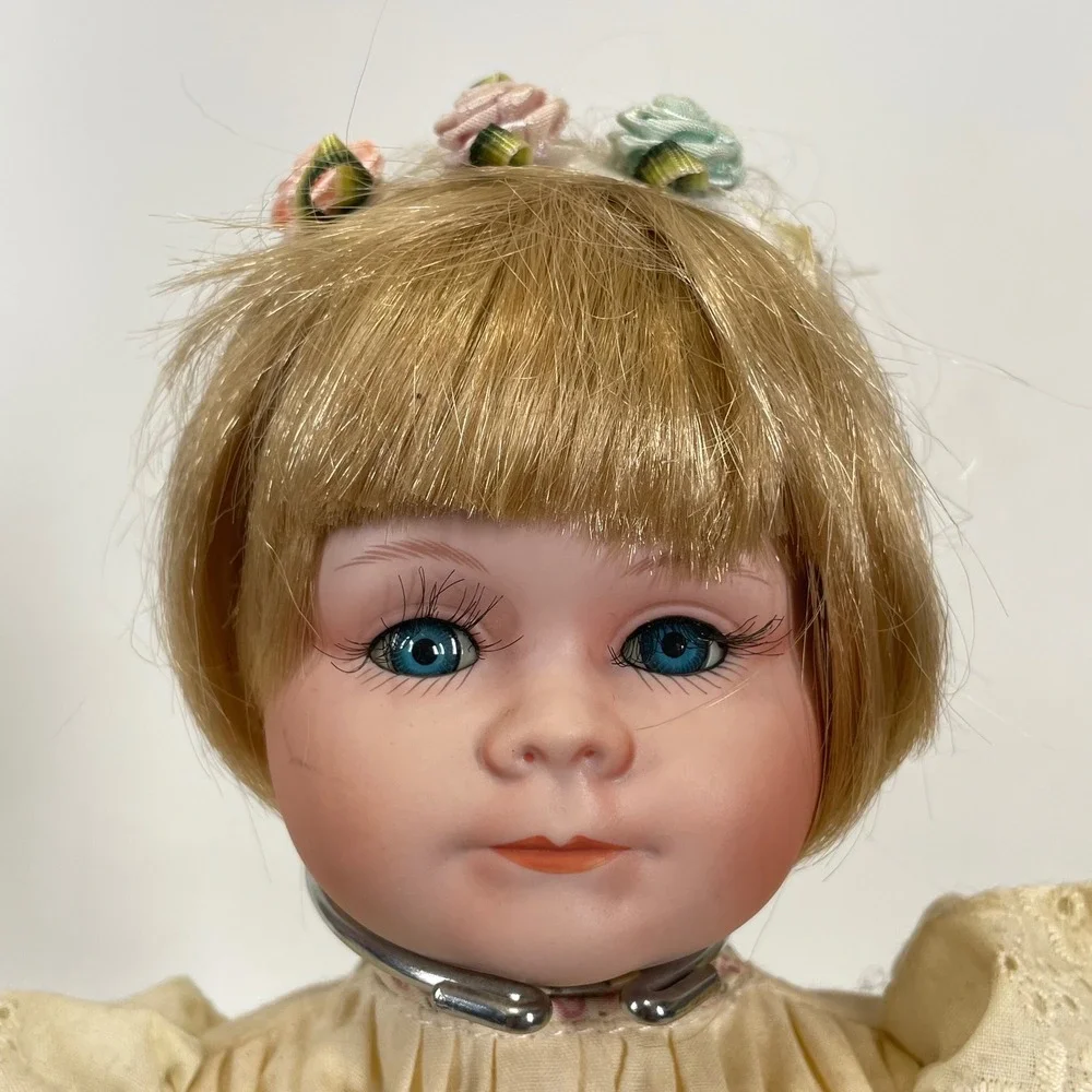 Decor & More Porcelain Doll Blonde Hair Blue Eyes Floral Dress Lace Trim 16 inch